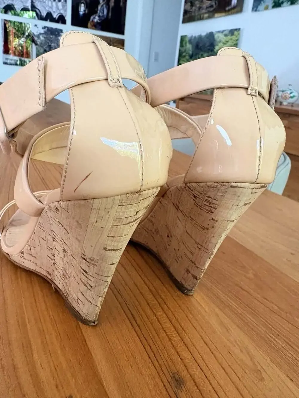Giuseppe Zanotti Design Beige Patent Leather Cork Wedge Sandals